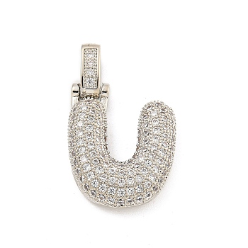 Brass Micro Pave Clear Cubic Zirconia Pendants, Platinum, Letter U, 31x20x5mm, Hole: 3x6mm