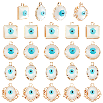 SUPERFINDINGS 32Pcs 4 Style Rack Plating Alloy Enamel Pendants, with Resin Imitation Cat Eye Cabochon, Cadmium Free & Nickel Free & Lead Free, Light Gold, Mixed Shapes, White, 17~20x12~19x5.5~6mm, hole: 1.4~1.8mm, 8pcs/style