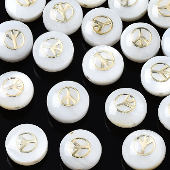 Freshwater Shell Beads, Golden Metal Enlaced, Flat Round with Peace Sign, White, 8.5x3.5~5mm, Hole: 0.8mm