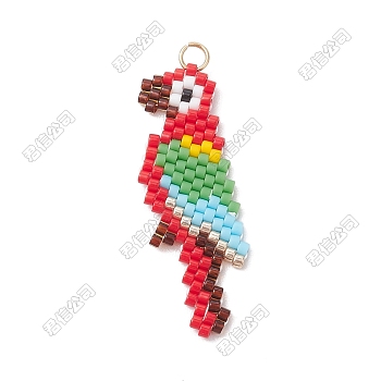 MIYUKI Handmade Japanese Glass Seed Beaded Parrot Pendants, Loom Pattern, with 304 Stainless Steel Jump Rings, Colorful, 38x14x2mm, Hole: 2.6mm, 2Pcs/set