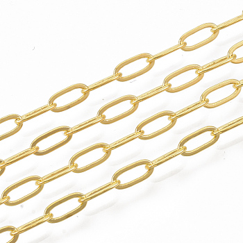 Brass Paperclip Chains, Flat Oval, Drawn Elongated Cable Chains, Soldered, with Spool, Cadmium Free & Nickel Free & Lead Free, Golden, 7.6x2.6x0.5mm, about 301.83 Feet(92m)/roll