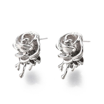Brass Rose Stud Earrings for Women, Nickel Free, Real Platinum Plated, 18x12mm, Pin: 0.7mm