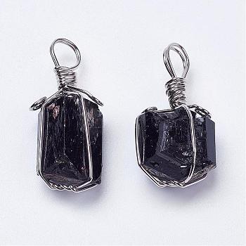 Natural Black Tourmaline Pendants, Nuggets, with Brass Finding, Platinum, 31~40x15~20mm, Hole: 7mm