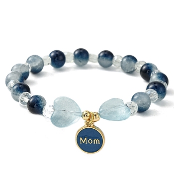 Jewelry Gift for Mother's Day, Alloy Enamel Charm Bracelets, Round & Heart Twon Tone Glass Beaded Bracelet for Women, Marine Blue, Inner Diameter: 2 inch(5cm)