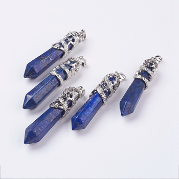 Natural Lapis Lazuli Big Pointed Pendants, with Alloy Findings, Faceted, Bullet, Platinum, 59~63x11~12mm, Hole: 4x7mm