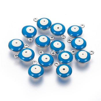 304 Stainless Steel Enamel Charms, Flat Round with Evil Eye, Stainless Steel Color, Deep Sky Blue, 8.5x6x3.5mm, Hole: 1.2mm
