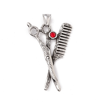 304 Stainless Steel Rhinestone Pendant, Comb and Scissors Shape, Antique Silver, 54x34x5mm, Hole: 8x4mm