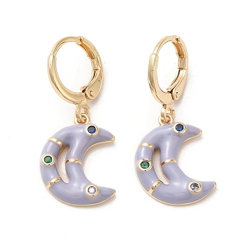 Crescent Moon Real 18K Gold Plated Brass Dangle Leverback Earrings, with Enamel and Cubic Zirconia, Lilac, 29.5x13mm