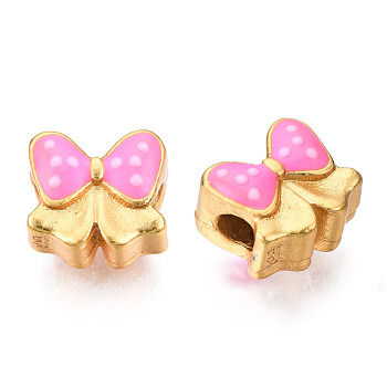 Alloy Enamel Beads, Matte Style, Cadmium Free & Lead Free, Bowknot, Hot Pink, 9x10x8mm, Hole: 3mm
