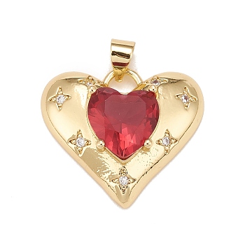 Brass Micro Pave Cubic Zirconia Pendants, Real 18K Gold Plated, Lead Free & Cadmium Free, Heart, Crimson, 20x23x7mm, Hole: 4x3mm