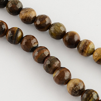 Natural Tiger Eye Round Bead Strands, Faceted, 4mm, Hole: 1mm, about 100pcs/strand, 14.9 inch