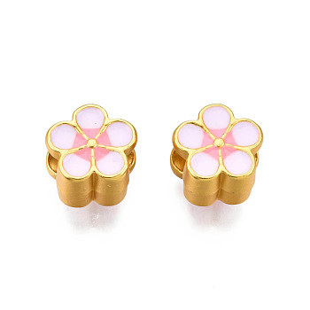 Rack Plating Eco-Friendly Alloy Enamel European Beads, Large Hole Beads, Cadmium Free & Lead Free, Matte Gold Color, Flower, Pink, 10x10.5x7mm, Hole: 4mm