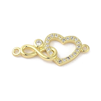 Rack Plating Brass Micro Pave Clear Cubic Zirconia Heart Infinity Connector Charms, Long-Lasting Plated, Cadmium Free & Lead Free, Real 18K Gold Plated, 12x26x2.5mm, Hole: 1.2mm