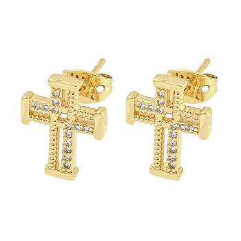 Brass Micro Pave Cubic Zirconia Ear Studs, Cross, Real 18K Gold Plated, 14.5x11mm