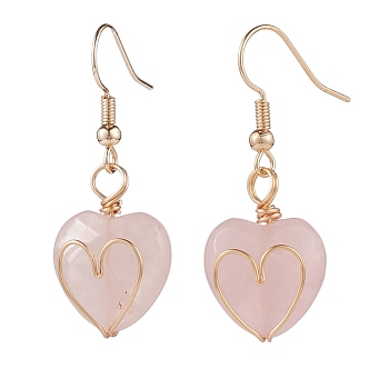 Natural Rose Quartz Heart Dangle Earrings, Gold Plated Brass Wire Wrap Jewelry for Women, 38mm, Pin: 0.7mm