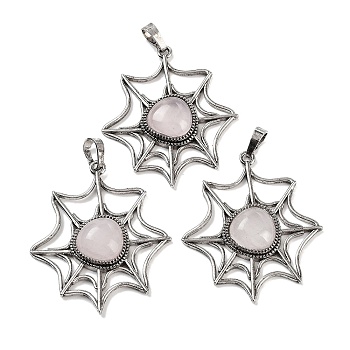 Natural Rose Quartz Spider Web Pendants, Rack Plating Antique Silver Plated Brass Halloween Net Charms, Cadmium Free & Lead Free, 44.5x37.5x7mm, Hole: 7.5x5mm