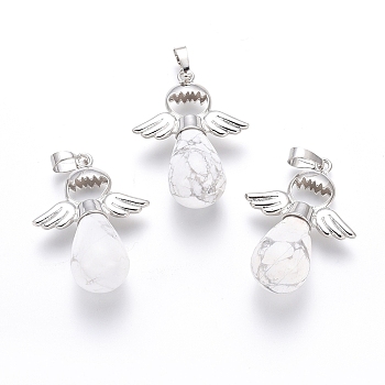 Natural Howlite Pendants, with Platinum Tone Brass Findings, Angel, 39x28x14mm, Hole: 5x7mm