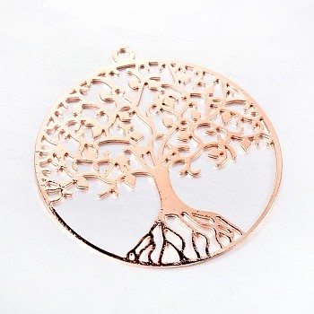 Filigree Tree of Life Brass Pendants, Rose Gold, 39x36x0.6mm, Hole: 2mm
