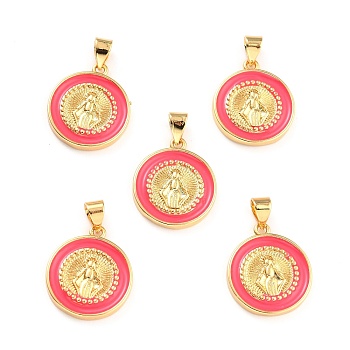 Brass Enamel Pendants, Cadmium Free & Lead Free, Long-Lasting Plated, Flat Round with Virgin Mary, Real 18K Gold Plated, Deep Pink, 18x16x2.5mm, Hole: 4.5x3.5mm