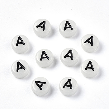 Acrylic Beads, with Enamel and Luminous, Horizontal Hole, Flat Round with Black Letter, Glow in the Dark, Light Grey, Letter.A, 7x3.5mm, Hole: 1.5mm, about 3600~3700pcs/500g