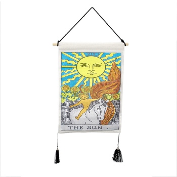 Polyester Decorative Wall Tapestrys, for Home Decoration, with Wood Bar, Nulon Rope, Plastic Hook, Rectangle with Tarot Pattern, The Sun XIX, 670x348x1.20mm