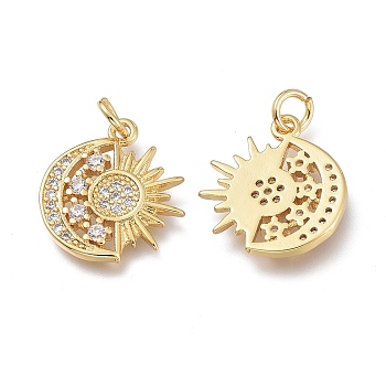 Brass Micro Pave Clear Cubic Zirconia Pendants, with Jump Rings, Long-Lasting Plated, Moon & Sun, Real 18K Gold Plated, 15.5x14x2mm, Jump Ring: 4.3x0.8mm, Hole: 3mm