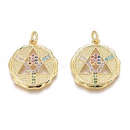 Brass Micro Pave Colorful Cubic Zirconia Pendants, Long-Lasting Plated, With Jump Rings, Flat Round with Triangle and Hamsa Hand, Real 18K Gold Plated, 21x19x2mm, Hole: 2.5mm, Jump Ring: 4x0.5mm(ZIRC-Z008-17G)