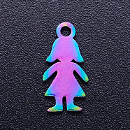 Ion Plating(IP) 201 Stainless Steel Charms, Girl Silhouette Charms, Rainbow Color, 14x7x1mm, Hole: 1.5mm(STAS-Q201-JN171)
