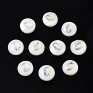 Natural Freshwater Shell Beads, with Golden Plated Brass Metal Embellishments, Flat Round with Number, Num.0, 8x4.5mm, Hole: 0.8mm(SHEL-N003-20-00)