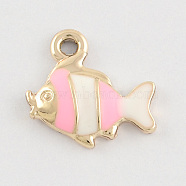 Light Gold Tone Alloy Enamel Pendants, Fish Charms, Pink, 15x15.5x3mm, Hole: 2mm(ENAM-R024-31)