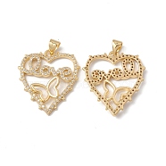 Rack Plating Brass Pendants, with Cubic Zirconia, Heart with Butterfly & Word LOVE Charm, Cadmium Free & Lead Free, Long-Lasting Plated, Real 18K Gold Plated, 26.5x23x2.5mm, Hole: 5x3.5mm(KK-D087-32G)