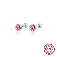 Rhodium Plated Platinum 925 Sterling Silver Flower Stud Earrings, with Cubic Zirconia, Deep Pink, 5mm(TL5591-1)