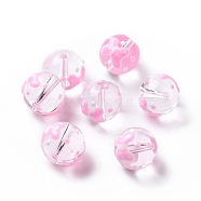 Transparent Glass Beads, with Enamel, Round, Pink, Bowknot Pattern, 11.5~12x11mm, Hole: 1.5~1.6mm(LAMP-B021-03A-06)
