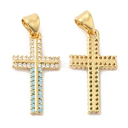 Brass Micro Pave Cubic Zirconia Pendants, Cross, Real 16K Gold Plated, 22x12x2mm, Hole: 5x3.5mm(ZIRC-L103-010G)