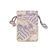 Chinese Style Cloth Landscape Print Bags, Drawstring Pouches for Jewelry Storage, Rectangle, Lemon Chiffon, 15x10cm(PW-WG48942-02)