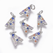 Brass Micro Pave Cubic Zirconia Charms, Letter, Colorful, Platinum, Letter.A, 9x6x1.7mm, Hole: 2mm(X-ZIRC-L070-38A-P)
