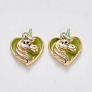 Brass Enamel Pendants, Nickel Free, Heart with Unicorn, Real 18K Gold Plated, Lime Green, 13.5x11.5x3.5mm, Hole: 1mm(KK-T049-025G-01-NF)