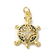 Tortoise Rack Plating Brass Micro Pave Black Cubic Zirconia Pendants, with Jump Ring, Long-Lasting Plated, Lead Free & Cadmium Free, Real 18K Gold Plated, 22.5x14.7x4mm, Hole: 3.4mm(KK-K377-29G)