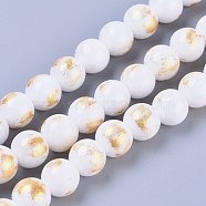 Natural Jade Beads Strands, with Gold Foil, Dyed, Round, White, 6mm, Hole: 1mm, about 70pcs/strand, 15.75 inch(40cm)(X-G-F670-A18-6mm)