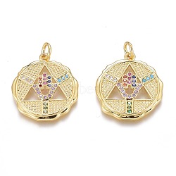Brass Micro Pave Colorful Cubic Zirconia Pendants, Long-Lasting Plated, With Jump Rings, Flat Round with Triangle and Hamsa Hand, Real 18K Gold Plated, 21x19x2mm, Hole: 2.5mm, Jump Ring: 4x0.5mm(ZIRC-Z008-17G)