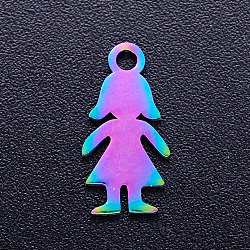 Ion Plating(IP) 201 Stainless Steel Charms, Girl Silhouette Charms, Rainbow Color, 14x7x1mm, Hole: 1.5mm(STAS-Q201-JN171)