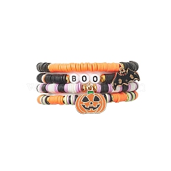 4Pcs 4 Style Polymer Clay Heishi Surfer Stretch Bracelets Set, Pumpkin & Bat & Word Alloy Enamel Charms Stackable Bracelets for Halloween, Mixed Color, Inner Diameter: 2-1/4 inch(5.8cm), 1Pc/style(BJEW-TA00276)