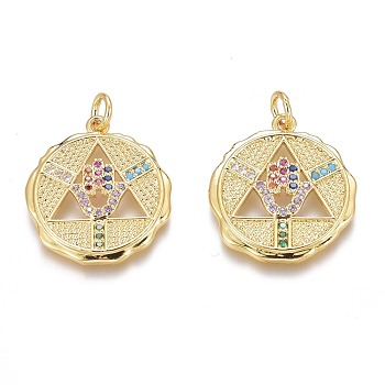 Brass Micro Pave Colorful Cubic Zirconia Pendants, Long-Lasting Plated, With Jump Rings, Flat Round with Triangle and Hamsa Hand, Real 18K Gold Plated, 21x19x2mm, Hole: 2.5mm, Jump Ring: 4x0.5mm