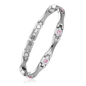 SHEGRACE Stainless Steel Panther Chain Watch Band Bracelets, with Rhinestone and Watch Band Clasps, Stainless Steel Color, Light Rose, 7-1/2 inch(19cm)