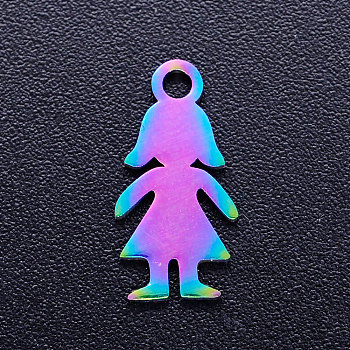 Ion Plating(IP) 201 Stainless Steel Charms, Girl Silhouette Charms, Rainbow Color, 14x7x1mm, Hole: 1.5mm