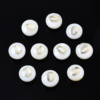 Natural Freshwater Shell Beads, with Golden Plated Brass Metal Embellishments, Flat Round with Number, Num.0, 8x4.5mm, Hole: 0.8mm