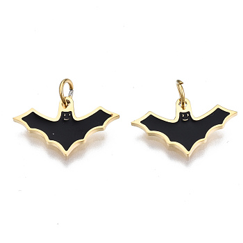 316 Surgical Stainless Steel Enamel Charms, with Jump Rings, for Halloween, Bat, Real 14K Gold Plated, 9x14.5x1mm, Jump Ring: 3.8x0.6mm, 2.6mm inner diameter