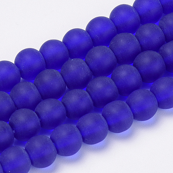 Transparent Glass Beads Strands, Frosted, Round, Dark Blue, 10mm, Hole: 1.5mm, about 33pcs/strand, 12.9 inch