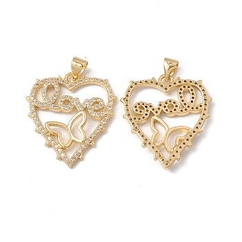 Rack Plating Brass Pendants, with Cubic Zirconia, Heart with Butterfly & Word LOVE Charm, Cadmium Free & Lead Free, Long-Lasting Plated, Real 18K Gold Plated, 26.5x23x2.5mm, Hole: 5x3.5mm