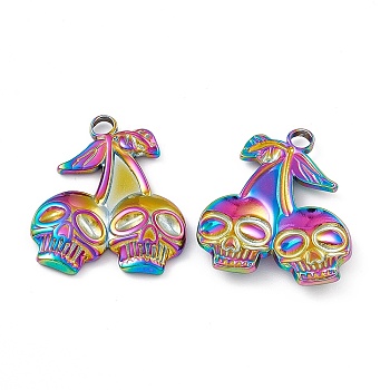 Ion Plating(IP) 304 Stainless Steel Pendants, Skull Charm, Rainbow Color, 25x21.5x3mm, Hole: 3mm
